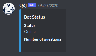 An output by the QDJ bot displaying its status and how many questions it has stored.